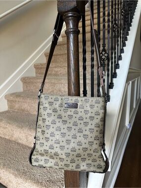 MCM Beige Logo Canvas Messenger with Dark Brown Accents